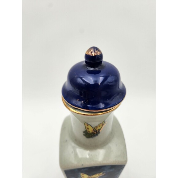 Vintage Japanese Square Bottle Decanter With Lid Butterfly Flowers Blue Gray - Picture 5 of 9